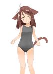  1girl :d animal_ears ariyoshi_gen brown_hair covered_navel fang looking_at_viewer one-piece_swimsuit open_mouth original simple_background smile solo swimsuit tail white_background yellow_eyes 