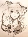  1girl animal_ears blush bow braid breasts canine cat_ears cat_tail cleavage collarbone extra_ears eyebrows eyebrows_visible_through_hair graphite_(medium) hair_bow highres kaenbyou_rin long_hair looking_at_viewer multiple_tails satoukouki sketch solo tail touhou traditional_media twin_braids upper_body 