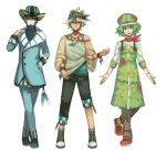  androgynous aqua_hair aqua_hat asymmetrical_clothes awii bandana black_pants blonde_hair blue_eyes blue_pants brown_eyes crocs cross-laced_footwear formal full_body green_clothes green_eyes green_hair green_hat hand_in_pocket hat jewelry leafeon lipstick makeup multiple_boys necklace open_mouth outstretched_arms pants parted_lips personification pokemon shaymin shoes smile sneakers standing suit vaporeon wristband 