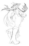  absurdres ass boots bottomless food food_on_head fruit fruit_on_head full_body hand_on_hip hat high_heel_boots high_heels highres hinanawi_tenshi king_(ougon_kingyo-bachi) knee_boots long_hair looking_at_viewer looking_back looking_down monochrome object_on_head peach scarf sketch smile smug thick_thighs thighs torn_scarf touhou very_long_hair 