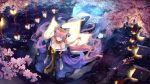  1girl animal_ears bell bow breasts bzerox caster_(fate/extra) cherry_blossoms cleavage eyebrows fate/grand_order fate_(series) from_above hair_between_eyes hair_bow hair_ornament highres lantern large_breasts long_hair looking_at_viewer looking_up moon pink_hair reflection solo very_long_hair wading walking water yellow_eyes 