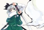  1girl black_ribbon ginji74 green_eyes green_skirt hair_ribbon highres holding holding_sword holding_weapon jacket konpaku_youmu konpaku_youmu_(ghost) long_sleeves looking_at_viewer ribbon sheath short_hair silver_hair simple_background skirt skirt_set solo sword touhou vest weapon 