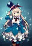  1girl alice_(grimms_notes) blonde_hair blue_eyes cane dress grimms_notes hair_ribbon hat hat_tip long_hair mismatched_legwear open_mouth ribbon smile striped striped_legwear thigh-highs top_hat 