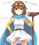  &gt;:) 1girl brown_eyes brown_hair cape circlet cosplay dragon_quest dragon_quest_iii dress elbow_gloves fang fang_out gloves hair_ornament hairclip highres ikazuchi_(kantai_collection) kantai_collection maruki_(punchiki) sage_(dq3) sage_(dq3)_(cosplay) short_dress simple_background solo staff twitter_username white_background white_dress yellow_gloves 
