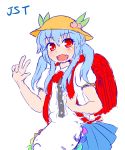  1girl :d absurdres backpack bag blue_hair blush dress fangs food food_on_head fruit fruit_on_head hat highres hinanawi_tenshi kindergarten_uniform king_(ougon_kingyo-bachi) leaf looking_at_viewer object_on_head open_mouth peach quad_tails red_eyes school_hat sketch smile solo touhou yellow_hat younger 