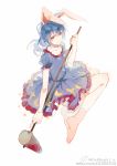  1girl ambiguous_red_liquid animal_ears artist_name artist_request blue_dress blue_hair collarbone crescent dress ear_clip frilled_dress frills full_body holding kine long_hair looking_at_viewer no_shoes puffy_short_sleeves puffy_sleeves rabbit_ears red_eyes seiran_(touhou) short_sleeves simple_background sketch smile socks solo star star_print touhou watermark web_address white_background 