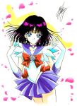  1girl bishoujo_senshi_sailor_moon black_hair blue_eyes bow brooch choker cowboy_shot earrings elbow_gloves gloves jewelry magical_girl marco_albiero petals pleated_skirt purple_skirt red_bow sailor_collar sailor_saturn saturn_symbol short_hair signature skirt smile solo tiara tomoe_hotaru white_background white_gloves 