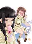  2girls angry bag bangs beige_legwear beige_shirt beige_skirt bench bloody_nose blunt_bangs blush braid breasts brown_eyes brown_hair brown_shoes eating failure food food_on_legs full-face_blush full_body holding holding_food ice_cream ice_cream_cone kantai_collection kitakami_(kantai_collection) kneehighs large_breasts loafers long_sleeves motion_lines multiple_girls neckerchief ooi_(kantai_collection) pigeon-toed rectangular_mouth shoes shopping_bag single_braid sitting standing sumeragi_hamao teeth tongue tongue_out trembling upper_body 