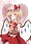 1girl absurdres arm_at_side ascot blonde_hair blush chocolate chocolate_heart crystal dress embarrassed flandre_scarlet food hat hat_ribbon heart heart_background highres looking_at_viewer mob_cap mumu-crown pov puffy_short_sleeves puffy_sleeves red_dress red_eyes ribbon short_hair short_sleeves side_ponytail touhou upper_body valentine wings 