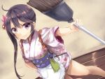  &gt;:) 1girl akebono_(kantai_collection) apron bell broom hair_bell hair_ornament hand_on_hip japanese_clothes jingle_bell jpeg_artifacts kantai_collection kimono maruki_(punchiki) obi sash side_ponytail smile solo standing tasuki waist_apron 