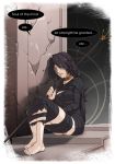  1girl bandages barefoot black_hair bound bound_legs braid breasts choker demon&#039;s_souls english full_body highres legs_together long_hair maiden_in_black no_eyes sleeping sleeping_upright solo souls_(from_software) speech_bubble staff whistle_frog 