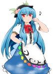  1girl :3 absurdres adjusting_hair blue_hair blush bow dress food food_on_head fruit fruit_on_head hat highres hinanawi_tenshi king_(ougon_kingyo-bachi) large_bow layered_dress long_hair looking_at_viewer musical_note object_on_head peach puffy_short_sleeves puffy_sleeves red_eyes short_sleeves sketch smug solo touhou tsurime very_long_hair 
