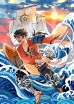  1boy bird black_hair blue_sky boat brown_eyes clouds full_body getiao katana looking_to_the_side mutsu-no-kami_yoshiyuki oar open_mouth outdoors ponytail sandals ship sky solo sun sword tattoo touken_ranbu water watercraft waves weapon wide_sleeves 