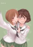  2016 2girls absurdres akiyama_yukari aomushi_(mushamusha) blush breast_press brown_eyes brown_hair dated girls_und_panzer green_background hand_on_shoulder highres hug messy_hair multiple_girls nishizumi_miho school_uniform self_shot serafuku short_hair skirt smile sweatdrop uniform yuri 