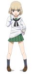  alternate_costume black_legwear blue_eyes brown_hair collarbone girls_und_panzer green_skirt katyusha looking_at_viewer open_mouth oversized_clothes pleated_skirt ribonzu school_uniform shirt short_hair simple_background skirt socks white_background white_shirt 