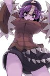  1girl bags_under_eyes breasts cabbie_hat chinese_clothes hat large_breasts miyako_yoshika outstretched_arms purple_hair purple_skin touhou uchisukui violet_eyes zombie zombie_pose 