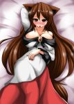  1girl animal_ears bed blush breasts brooch brown_hair cleavage collarbone covered_navel dress fang fingernails imaizumi_kagerou jewelry large_breasts long_sleeves looking_at_viewer lying nail_polish open_mouth red_eyes red_nails solo tail touhou wolf_ears wolf_tail yutanpo-2 