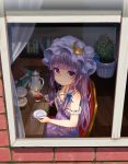 1girl bare_shoulders book book_stack bookshelf chair crescent cup desk dress earrings hair_ribbon hat jewelry long_hair looking_at_viewer looking_out_window mob_cap patchouli_knowledge plant potted_plant purple_dress purple_hair pyonsuke_(pyon2_mfg) ribbon sitting solo teacup teapot touhou tress_ribbon very_long_hair violet_eyes window 