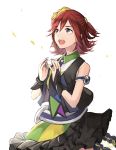  1girl blue_eyes bracelet frills highres ilo jewelry kaname_buccaneer macross macross_delta necktie open_mouth redhead short_hair sleeveless solo spoilers 