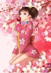  1girl absurdres bangs blush brown_hair candy_apple ccjn cherry_blossoms choker commentary_request floral_print food hair_ribbon highres japanese_clothes kimono koutetsujou_no_kabaneri long_sleeves looking_at_viewer mumei_(kabaneri) open_mouth red_eyes ribbon ribbon_choker sash seiza short_hair short_kimono sitting solo tree twintails 