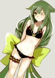  1girl asyde black_bra black_panties bra breasts cleavage collarbone gatchaman_crowds green_eyes green_hair grey_background groin hair_ribbon highres long_hair navel one_eye_closed panties ribbon simple_background solo underwear underwear_only utsutsu very_long_hair yellow_ribbon 