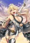  1girl blonde_hair blue_eyes breasts cannon cleavage clouds elbow_gloves fingerless_gloves garter_straps gloves headgear hokuto_shinken iowa_(kantai_collection) kantai_collection large_breasts long_hair machinery miniskirt pointing skirt smile solo star star-shaped_pupils sunset symbol-shaped_pupils thigh-highs turret 