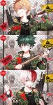  ! 3boys assault_rifle axe badge bakugou_katsuki bandaged_arm bandages bangs belt birthday blonde_hair blood blood_on_face bloody_bandages blue_eyes boku_no_hero_academia bruise buckle burn_scar camouflage chain-link_fence chain_necklace closed_mouth clothes_writing copyright_name dated fence finger_on_trigger frown green_eyes green_hair gun hair_between_eyes head_tilt height holding holding_gun holding_weapon hood hooded_jacket injury jacket jewelry long_sleeves looking_at_viewer looking_to_the_side male_focus midoriya_izuku military military_uniform mouth_hold multicolored_hair multiple_boys number pocket red_eyes redhead rifle road_sign shirt sign skull_print smirk spoon_(jesing) string thumb_ring todoroki_shouto torn_clothes torn_shirt traffic_light two-tone_hair uniform upper_body warning_sign weapon weapon_on_back white_hair wristband zombie 