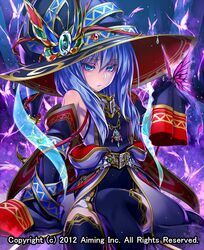  1girl 2012 black_legwear blue_eyes blue_hair butterfly cape detached_sleeves hat jewelry kentairui looking_at_viewer lord_of_knights necklace official_art reti_(lord_of_nights) sitting solo thigh-highs watermark witch_hat 