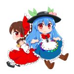  &gt;:( 2girls absurdres ascot back-to-back blue_hair blush boots bow brown_hair chibi detached_sleeves dress food food_on_head fruit fruit_on_head hair_bow hair_tubes hakurei_reimu highres hinanawi_tenshi king_(ougon_kingyo-bachi) large_bow layered_dress long_hair looking_at_viewer mary_janes multiple_girls object_on_head peach red_eyes shoes skirt smile socks touhou vest 