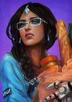  1girl absurdres black_hair blue_eyes blue_shirt bread casual cyborg dark_skin dress earrings eyelashes food forehead_jewel glasses highres jewelry lips lipstick long_hair makeup mechanical_arm monori_rogue necklace overwatch peanut red_lips shirt solo symmetra_(overwatch) upper_body watermark web_address 