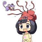  1girl :d bangs beanie black_hair blunt_bangs blush closed_eyes female_protagonist_(pokemon_sm) hat kanikama lowres motion_lines open_mouth pokemon pokemon_(creature) pokemon_(game) pokemon_sm rattata red_hat restrained round_teeth shirt short_sleeves simple_background smile teeth tentacles white_background wince yellow_shirt 
