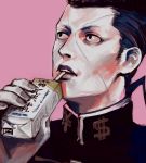  1boy black_eyes black_hair dollar_sign drinking_straw facial_mark gakuran jojo_no_kimyou_na_bouken juice_box male_focus meron_nouka nijimura_okuyasu pale_skin pompadour portrait school_uniform solo yen_sign 