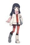 1girl alternate_costume bag bangs black_hair boots brown_skirt clenched_hand closed_mouth commentary_request eyelashes full_body grey_eyes grey_footwear hand_up handbag highres hikari_(pokemon) holding_strap jacket long_hair long_sleeves looking_at_viewer open_clothes open_jacket pantyhose pink_scarf pokemon pokemon_(game) pokemon_dppt red_shirt scarf shirt sidelocks skirt solo standing white_jacket yoshi_(moco1) 