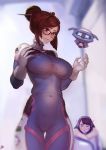 2girls biting blush bodysuit breast_envy breasts brown_eyes brown_hair cosplay d.va_(overwatch) d.va_(overwatch)_(cosplay) glasses gloves hair_bun hair_ornament hairpin highres instant_ip large_breasts lip_biting mei_(overwatch) mei_(overwatch)_(cosplay) multiple_girls navel overwatch robot taut_clothes thigh_gap white_gloves 