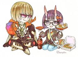  1boy 1girl bag blonde_hair chibi coca-cola cosplay doughnut fate/extra fate/extra_ccc fate/grand_order fate_(series) food glasses handbag horns jinako_carigiri_(cosplay) kano_shinobu karna_(fate/extra_ccc)_(cosplay) pizza potato_chips purple_hair sakata_kintoki_(fate/grand_order) seiyuu_connection shuten_douji_(fate/grand_order) sunglasses yusa_kouji yuuki_aoi 