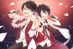  2boys ;) black_hair brown_eyes green_eyes heart highres idolmaster idolmaster_side-m iseya_shiki male_focus microphone multiple_boys nogami_shou one_eye_closed open_mouth outstretched_hand pink-framed_glasses seiyuu smile wristband 