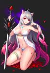  1girl animal_ears bangs bare_arms barefoot black_background blue_pants breasts cat_ears choker cleavage closed_mouth dungeon_and_fighter gem gradient_hair grey_hair hair_tucking head_tilt highres holding holding_sword holding_weapon jewelry kneeling large_breasts long_hair looking_at_viewer multicolored_hair nail_polish navel necklace no_pants pants petals phonic pink_hair pink_nails red_eyes red_lips shade shiny shiny_skin silver_hair solo stomach swept_bangs sword sword_master_(dungeon_and_fighter) thigh_strap two-tone_hair very_long_hair wavy_hair weapon 
