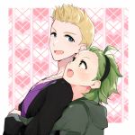  2boys blonde_hair blue_eyes blush green_eyes green_hair hair_slicked_back hairband heart heart_background hood hoodie hug hug_from_behind idolmaster idolmaster_side-m ijuuin_hokuto jewelry looking_at_another male_focus mitarai_shouta multiple_boys necklace open_mouth patterned_background saito_katuo smile upper_body 