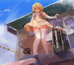  1girl bangs blonde_hair blue_shoes blue_sky board building closed_mouth clouds cross-laced_clothes darwinwu dress flandre_scarlet from_below frown gloves holding knees_together_feet_apart lace lace-trimmed_thighhighs laevatein long_hair looking_at_viewer no_wings outdoors pole shade shoes sky sleeveless solo standing station suitcase thigh-highs touhou upskirt wavy_hair white_gloves white_legwear 