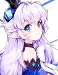  1girl bare_shoulders blue_eyes blush bow crown demon_power_(elsword) detached_sleeves elsword hwansang jewelry long_hair looking_at_viewer luciela_r._sourcream mini_crown pointy_ears profile smile solo star star-shaped_pupils symbol-shaped_pupils upper_body white_bow white_hair 