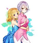  2girls blonde_hair blue_dress dress gabe_(seelunto) green_eyes heart hug hug_from_behind midorikaze_fuwari multiple_girls pink_shirt pripara shikyouin_hibiki shirt short_hair signature silver_hair simple_background violet_eyes white_background 