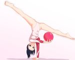  1girl arm_up balancing bare_legs barefoot black_hair blush breasts closed_mouth covered_navel full_body grey_eyes gymnastics handstand highleg highleg_leotard leotard long_sleeves looking_at_viewer ocha_(greentea-time) original outstretched_arm pink_background ponytail rhythmic_gymnastics short_hair simple_background skin_tight solo spread_legs 