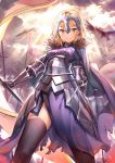  1girl absurdres armor blonde_hair breasts dr_poapo fate/apocrypha fate/grand_order fate_(series) gauntlets headpiece highres long_hair looking_at_viewer ruler_(fate/apocrypha) solo thigh-highs yellow_eyes 