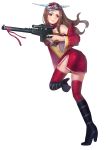  1girl alternate_costume alternate_eye_color alternate_hair_color ass bare_shoulders breasts brown_hair caitlyn_(league_of_legends) detached_sleeves gun hanato_(seonoaiko) high_heels highres holding holding_gun holding_weapon lips long_hair looking_away mask mask_on_head one_leg_raised ribbon ribbon_trim rifle simple_background sniper_rifle solo tagme thigh-highs thighs violet_eyes vss_vintorez weapon white_background wide_sleeves 