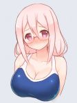  1girl akeyama anne_happy bangs blue_swimsuit blush breasts closed_mouth collarbone glasses hair_between_eyes kumegawa_botan large_breasts long_hair looking_at_viewer one-piece_swimsuit pink_hair red_eyes rimless_glasses simple_background smile solo swimsuit upper_body 