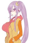  1girl alternate_costume alternate_hairstyle bangs bespectacled blush breasts casual contemporary crescent crescent_hair_ornament earphones from_side glasses hair_ornament hands_in_pockets high_ponytail hood hood_down hoodie jacket large_breasts long_hair long_sleeves mouth_hold no_hat patchouli_knowledge ponytail popsicle_stick purple_hair red-framed_glasses shirukuma sidelocks simple_background solo sweater touhou very_long_hair violet_eyes white_background 