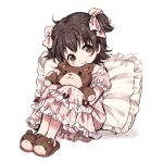  1girl brown_eyes brown_hair child dress hug mokarooru pajamas pillow plaid short_twintails simple_background sitting slippers smile solo stuffed_animal stuffed_toy teddy_bear twintails white_background 