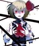  +_+ 1girl :d ascot black_skirt black_vest blonde_hair blood blood_on_fingers bloody_clothes cowboy_shot dripping fangs frilled_shirt_collar frills hair_ribbon highres ikurauni long_sleeves looking_at_viewer nail_polish open_mouth pale_skin red_eyes red_nails red_ribbon ribbon rumia shaded_face shirt simple_background skirt smile solo teeth touhou vest white_background white_shirt 