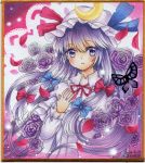  1girl butterfly coat colored_pencil_(medium) crescent dated dress flower hair_ribbon hat hat_ribbon lavender_eyes lavender_hair long_hair long_sleeves looking_at_viewer marker_(medium) mob_cap mosho open_clothes open_coat patchouli_knowledge petals purple_dress purple_rose ribbon rose signature solo striped striped_dress touhou traditional_media tress_ribbon upper_body very_long_hair watercolor_(medium) 
