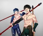  2boys black_hair blue_hair collarbone detached_sleeves fate/stay_night fate/zero fate_(series) grey_background highres holding holding_weapon jewelry lancer lancer_(fate/zero) looking_at_viewer multiple_boys necklace one_eye_closed red_eyes short_hair weapon ycco_(estrella) yellow_eyes 